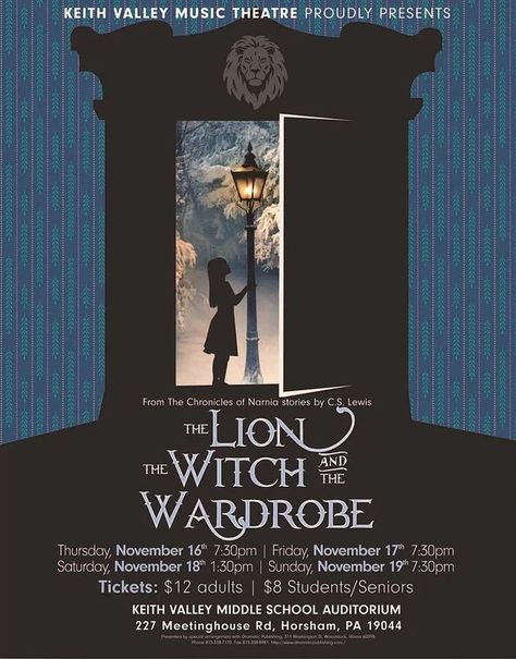 KVMS to Perform The Lion, The Witch and The Wardrobe Musical | Hatboro, PA Patch Chronicles Of Narnia Movie Poster, The Lion The Witch And The Wardrobe Art, The Lion The Witch And The Wardrobe, Narnia Poster, Narnia Party, Narnia Lion, Irish Literature, Narnia Wardrobe, Book Rebinding