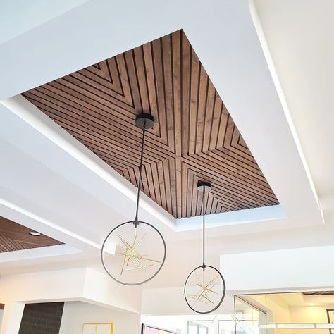 Selhorst Woodworks | Wood on the ceiling?? The answer is YES! . . . #wood #woodceiling #woodworking #woodstain #carpentry #carpenter #ceiling #ceilingdesign… | Instagram Recessed Wood Ceiling, Wood Inset Ceiling, Wood Slats On Ceiling, Wooden Slat Ceiling Interior Design, Wood Slat Ceiling Lighting, Hardwood On Ceiling, Conference Ceiling Design, Ceiling With Wood Design, Ceiling Accents Ideas