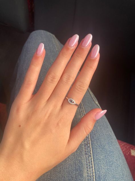 Nails Inspiration Pink Chrome, Light Pink Shiny Acrylic Nails, Light Pink Chrome Gel Nails, Milky White Pink Nails Acrylic, Sheer Sparkly Pink Nails, Subtle Pink Chrome Nails, Pale Pink Chrome Almond Nails, Cute Pink Chrome Nails, Light Pink Nails With Shimmer