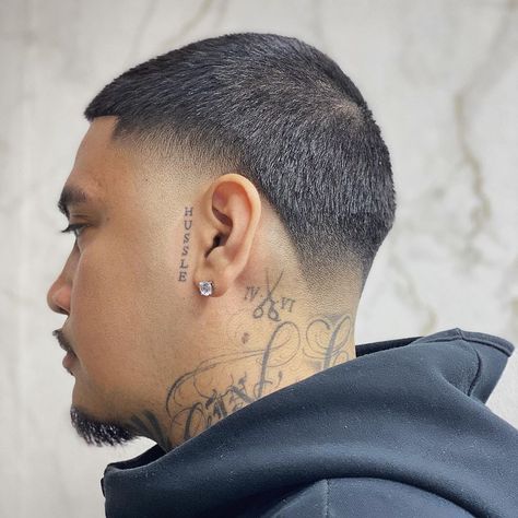 Tyga Hairstyles, Neck Tattoos Men Side, Side Burn Tattoos Men, Buzzed Haircut For Men, Side Face Tattoo Men, Face Tattoo Men, Sideburn Tattoo, Under Eye Tattoo, Temp Fade Haircut