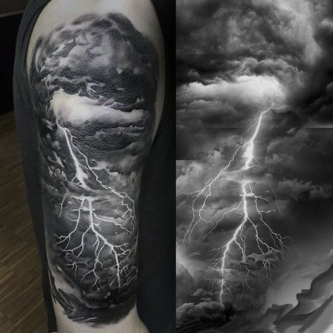 Mens Storm Tattoo, Lightning Half Sleeve Tattoo, Sky Filler Tattoo, Clouds And Thunder Tattoo, Angel Of God Tattoo, Stormy Clouds Tattoo, Lighting Sleeve Tattoo, Thunderstorm Tattoo Lightning, Ocean Storm Tattoo