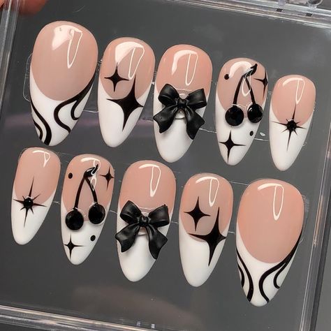 Would you wear these?! I’m OBSESSED with how these came out! Totally adding them to the website 🖤 giving monochrome coquette I think! #pressons #whiteandblacknails #monochromenails #coquettenails #pressonnails #pressonnailbusiness Dark Korean Nails, Press On Nails Design, Uñas Ideas, Press On Nails Ideas, Cute Nail Ideas, Press On Nail Designs, Nails Design, Monochrome Nails, Fake Nails Designs