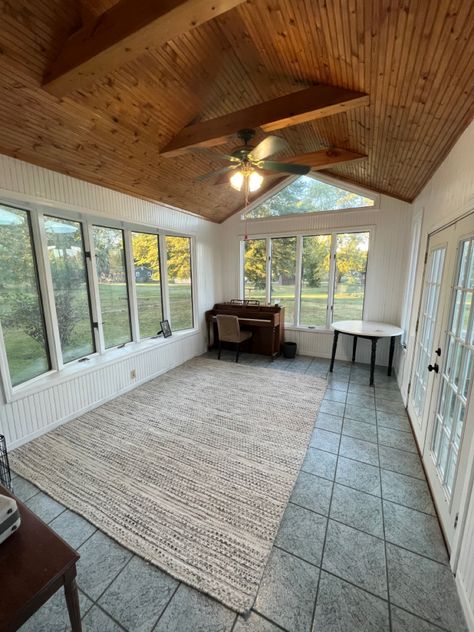 Wood Panel Sunroom Makeover, Sunroom Wood Paneling, Sunroom With Wood Ceiling, Wood Sunroom Ideas, Cedar Sunroom Ideas, Sunroom Wall Ideas, Wood Sunroom, Shiplap Sunroom, Painted Sunroom