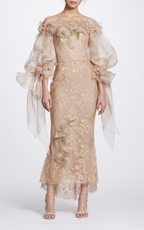 Off the Shoulder Tea Length Dress by MARCHESA for Preorder on Moda Operandi Chic Dress Style, Brokat Kebaya, Metallic Lace Dress, Dress Pesta, Tea Length Dress, Kebaya Dress, Boho Chic Dress, فستان سهرة, Maxi Robes