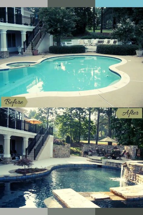 25+ Dazzling Pool Remodel Before and After That Would Blow Your Mind Inground Pool Remodel Before And After, Pool Refinishing Ideas, Old Pool Makeover, Deck Expansion, Pool Upgrades, Cement Pools, Pool Makeover, Pool Resurfacing, Kidney Shaped Pool