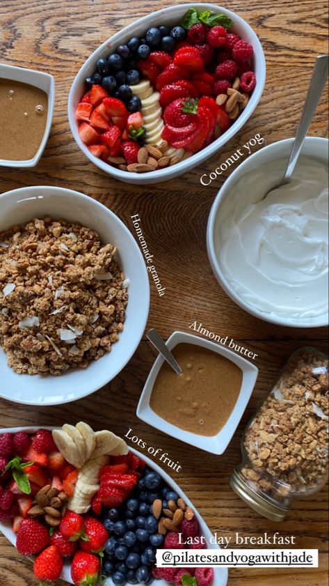 Homemade granola, coconut yogurt, and fruit platters arranged together on a wooden table for a breakfast spread Homemade Granola With Coconut, Plant Based Breakfast Ideas, Breakfast Spread, Granola Breakfast, Yogurt And Granola, Plant Based Breakfast, Whole Food Diet, Coconut Yogurt, Homemade Granola