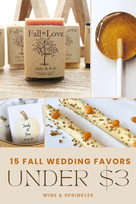 A collection of my favorite Fall favor finds from Etsy, including soaps to sweets to Halloween treats. This list of unique and affordable favors are for all those autumn brides on a budget, because they are all $3 or less! Fall Wedding Giveaways Party Favors, Fall Bridal Shower Ideas Favors, Fall Wedding Thank You Favors, Wedding Favors For Fall Weddings, Bridal Shower Favors Fall Theme, Fall Wedding Guest Gifts, Wedding Fall Favors, Fall Wedding Take Home Gifts, Fall Wedding Guest Gifts Party Favors