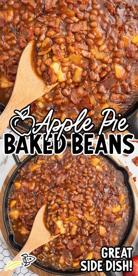 Apple Pie Baked Beans Baked Beans Apple Pie Filling, Apple Pie Beans, Fancy Baked Beans, Leftover Baked Beans Ideas, Baked Beans With Apples, Bake Beans With Bacon, Baked Beans No Bacon, Thanksgiving Beans Recipes, Baked White Beans