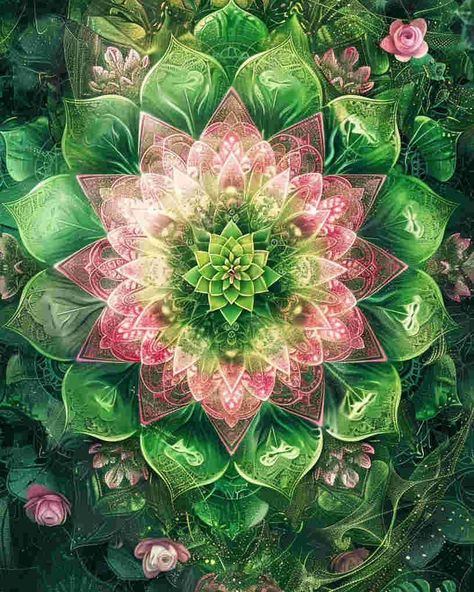 Mandala of heart chakra💚｜original spiritual artwork 🧚🏻original AI art combine with spirituality 👉commercial use unavailable #mandaladrawing #healingart #spiritualart #spiritualawakenings #spiritualhealing #arthealing #aiartist Sacred Geometry Art Spiritual, Chakra Art Mandala, Heart Chakra Art, Chakra Meditation Art, Trippy Eye, Art Chakra, Chakra Healing Meditation, Mandala Wallpaper, Chakra Art