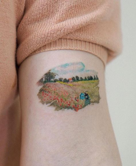 Claude Monet Tattoo, Monet Tattoo, Owl Feather Tattoos, Van Gogh Tattoo, Artistic Tattoos, Water Lily Tattoos, Circular Tattoo, Colour Tattoo, History Tattoos