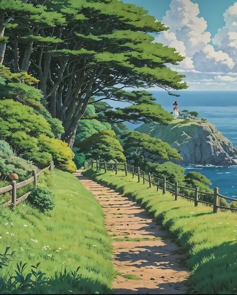 Ghibli Background Landscapes, Landscape Ghibli, Ghibli Garden, Ghibli Background, Mountain Vibes, Beautiful Scenery Pictures, Ghibli Art, Cool Wallpapers Art, Sky Art