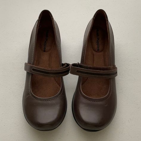 Brown Leather Puppies W/ Velcro Adjustable Flap Over Strap, Not Sure Of The Size But It Measures 10 Inches From Toe To Heal Juli Baker, Puppy Shoes, Teacher Shoes, Hush Puppies Shoes, Closet Tour, Brown Loafers, Brown Flats, Hush Puppies, Dream Shoes