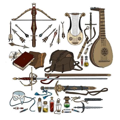 Crop + process video of a commission I did for Shimimori on twitter, her bard Amis’ dnd inventory ! More on him soon 🎻✨ Lute Drawing Dnd, Dnd Inventory Art, Bard Aesthetic Outfit Dnd, Bard Ideas Dnd, Dnd Equipment Art, Dnd Bard Aesthetic, Bard Magic, Dnd Inventory, Bard Instruments