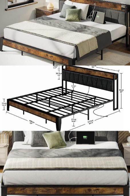 LIKIMIO King Size Bed Frame, Storage Headboard with Charging Station, Solid and Stable, Noise Free, No Box Spring Needed, Easy Assembly Metal And Wood Bed Frame Modern, Metal And Wood Bed Frame Rustic, Minimalist Bed Frame Steel, King Size Bed Frames Steel, Bed Frame Storage, Metal Platform Bed Frame The Home Depot, Frame Storage, Year Wallpaper, Welded Furniture