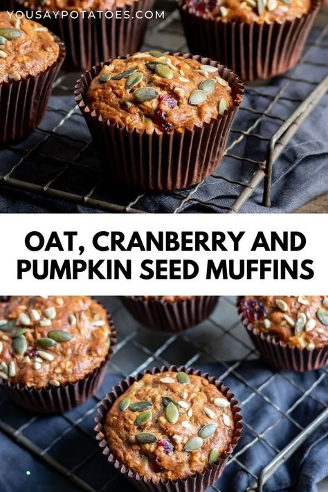 Rows of muffins and text: Oat, Cranberry and Pumpkin Seed Muffins Pumpkin Seed Muffins Healthy, Dried Cranberry Recipes Healthy, Cranberry Orange Muffins Healthy, Recipes With Pumpkin Seeds, What To Do With Pumpkin Seeds, Cranberry Muffins With Dried Cranberries, Healthy Cranberry Recipes, Healthy Cranberry Muffins, Pumpkin Seed Muffins