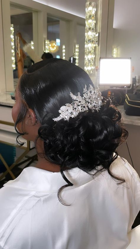 Bridal Wig Hairstyles Black Women, Wedding Frontal Hairstyles, Bride Updo Black Women, Side Part Bun Wedding, Low Bun Hairstyles Graduation, Wedding Hairstyles Bride Black Women, Hair Styles For A Wedding Bridesmaid, Unique Prom Hairstyles For Black Women, Low Bridal Bun Black Women