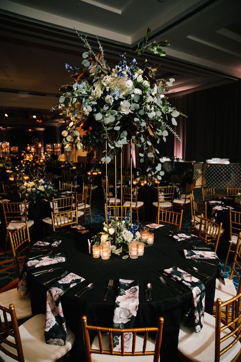 Black White Grey Silver Wedding, Black And Silver Reception Decor, Emerald Green And Black Wedding Reception, Blue Green Gold Black Wedding, Green Black And Gold Wedding Decor, Wedding Reception Ballroom Decor, Green Gold And Black Party, Black Gold Eucalyptus Wedding, Green Black White Gray Wedding Decorations