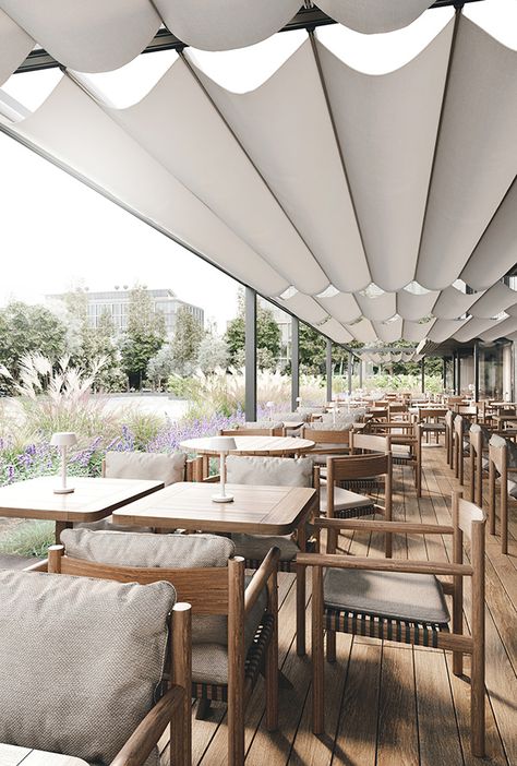 Rooftop Restaurant Design, Cafeteria Design, Rooftop Patio Design, Outdoor Restaurant Design, Terrace Restaurant, Rooftop Design, Soft Minimalism, Patio Inspiration, Rooftop Patio