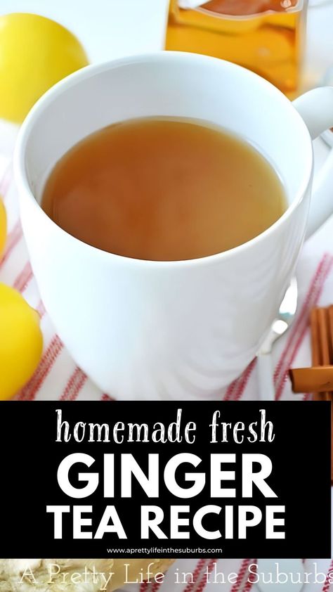 This Homemade Fresh Ginger Tea is a delicious tea made with fresh ginger, lemon juice, honey, cinnamon and cayenne pepper. A simple recipe that is comforting and so tasty. Tea With Ginger And Honey, Homemade Ginger Tea Recipes, Fresh Ginger Recipes Drinks, Making Tea With Fresh Ginger, Tea For Upset Stomach, Ginger Honey Tea, Fresh Ginger Tea, Ginger Lemon Juice, Homemade Ginger Tea