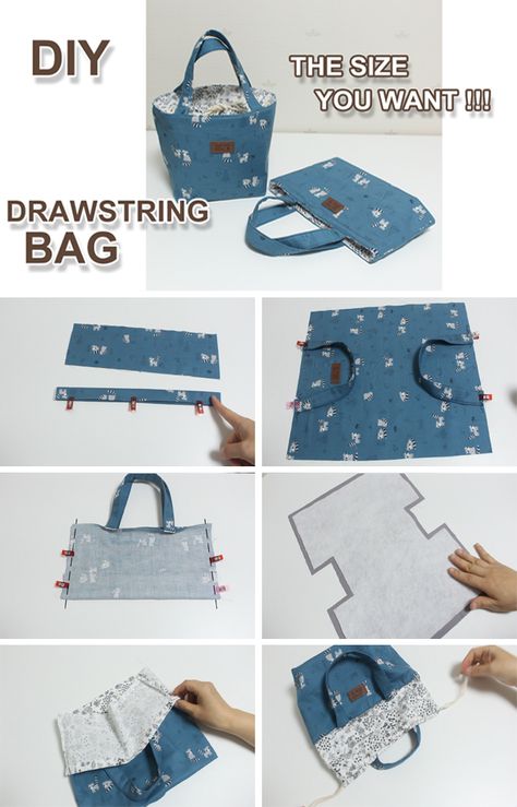 Make A Drawstring Bag, Diy Bag Making, Drawstring Bag Diy, Projek Menjahit, Tote Bag Tutorial, Diy Bag Designs, Diy Bags Patterns, Diy Bags Purses, Sew Ins