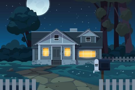 Cartoon House Background Night, Cartoon House Background, Night Neighborhood, Cartoon Cottage, Evening Background, Cartoon Houses, Night Cartoon, Neighborhood Street, Jungle Cartoon