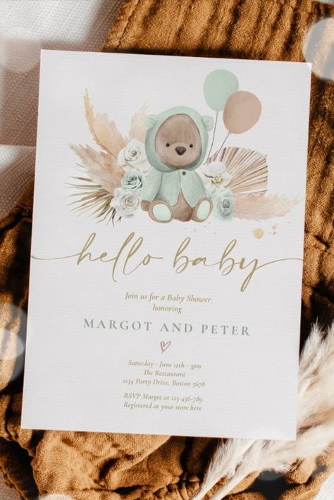 Boho Teddy Bear Sage Green Bearly Wait Baby Shower Invitation! #bear #babyshower #babyshowersgifts #babyshowercards #babyshowerparty #newborn Teddy Bear Baby Shower Theme, Teddy Bear Baby Shower Invitations, Bear Baby Shower Theme, Modern Baby Shower Invitations, Boho Baby Shower Invitations, Bearly Wait, Baby Shower Invitaciones, Teddy Bear Baby Shower, Baby Shower Invites