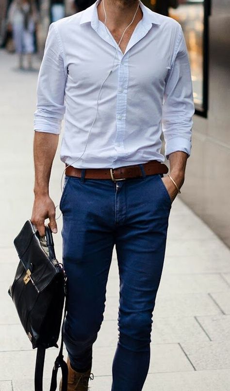 Light Blue Shirt With Navy Blue Pants fashion shirt navy style pants mens fashion men's fashion fashion and style Cool Summer Outfits Men, Best Business Casual Outfits, White Jeans Men, Mens Summer Outfits, White Shirt Men, Mens Fashion Smart, Light Blue Shirts, Mens Dress Pants, Business Casual Men