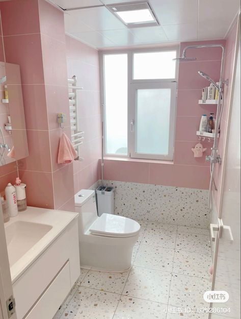 Pink Pastel Bathroom, Bathroom Ideas For Women, Pink Toilet Room, Pastel Bathroom Aesthetic, Baby Pink Bathroom, Aesthetic Washroom, Wc Aesthetic, All Tile Bathroom, Pastel Bathroom Ideas