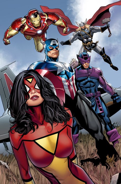 The Avengers and for those of you who don't know that Spider Woman yes she is part of the Avengers. Jade Nguyen, Batman Christian Bale, Univers Marvel, Avengers Comics, Dc Villains, Marvel Vs Dc, Uncanny X-men, Spider Woman, Marvel Comics Art