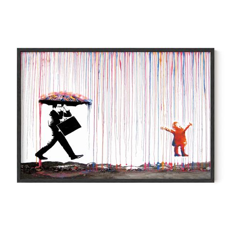 PRICES MAY VARY. URBAN ART IN A MATERIAL WORLD: This street wall art by Haus & Hues is one of the famous works of the graffiti artist Banksy. Featuring rainbow rain and a man holding an umbrella on his way to work, and a child who enjoys the colorful rain, this art touches the idea of how adults and kids respond to creativity. Staring at this art will give you mixed emotions: thoughtful, happy, and rebellious. Banksy's work is like that. His works always carry some educational value to its admir Banksy Art Projects For Kids, Murals Street Art Creative, Graphitis Street Art, Banksy Work, Rain Poster, Banksy Posters, Banksy Mural, Banksy Prints, Haus And Hues