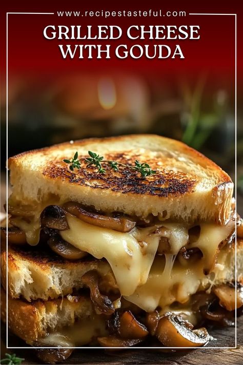 This gourmet grilled cheese combines smoky Gouda, savory roasted mushrooms, and caramelized onions for a rich and satisfying twist on the classic. Perfect for lunch, dinner, or a special treat, this grilled cheese is bursting with flavor and comfort. Roasted Mushrooms And Onions, Gouda Recipes, Gouda Cheese Recipes, Fancy Grilled Cheese Recipes, Gouda Grilled Cheese, Gouda Recipe, Grilled Cheese Recipes Gourmet, Blt Grilled Cheese, Gourmet Grilled Cheese Sandwich