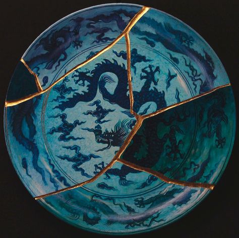 Bruno Capolongo's "Kintsugi Dragons" merges ancient tradition with contemporary art, embodying the philosophy of kintsugi—the Japanese art of repairing broken pottery with gold. The intricate blue dragons, set against the deep blue hues of the plate, are given new life through the delicate gold veins, transforming the once-broken piece into a unique work of art. 

#BrunoCapolongo #Art #KintsugiDragons #OilPainting #ContemporaryArt #2022 #ArtCollector #ArtGallery #Kintsugi #ResilienceInArt Japanese Broken Pottery, Japanese Pottery Kintsugi, Japanese Gold Repair, Blue Dragons, Gold Veins, Kintsugi Art, Plate Art, Blue Dragon, Japanese Pottery