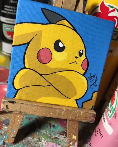 Cute Paintings Cartoon, Pokemon Art Projects, Anime Painting Acrylic Easy, Pokemon Canvas Art, Pokémon Painting Ideas, Anime Canvas Art Paint Easy, Easy Anime Painting Ideas On Canvas, Pikachu Canvas Painting, Painting Ideas Pokemon