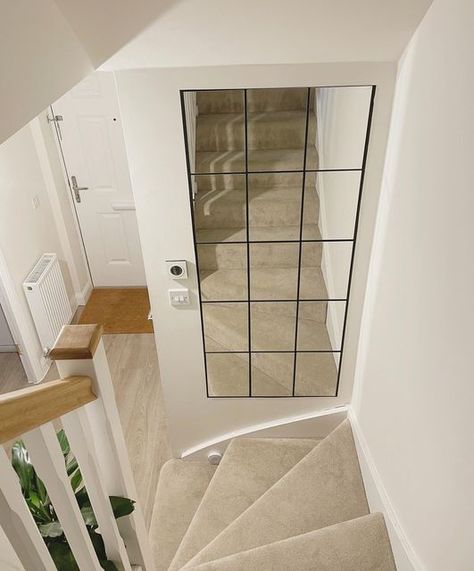 Ikea Mirror Hack Stairs, Stairway Mirror Ideas, Stair Landing Decor, Ikea Mirror Hack, David Wilson Homes, Landing Decor, Mirror Hack, Ikea Mirror, Stair Landing