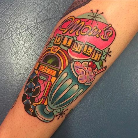 Diner tattoo by Sarah K #SarahK #neotraditional #diner #american #jukebox #milkshake #colorful #girly | May 9th 2016 | 22485 Diner Tattoo, Rockabilly Tattoo Sleeve, Rockabilly Tattoos, Food Tattoo, Candy Tattoo, Rockabilly Tattoo, Ink Therapy, Food Tattoos, Rainbow Tattoos