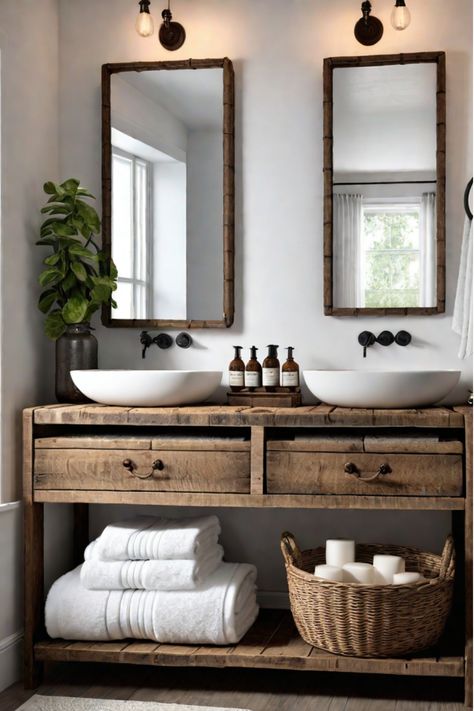 Rustic wood mirror frame, pallet wood shelves, and mason jar storage solutions in a bathroom Rustic Spa Bathroom Ideas, Simple Rustic Bathroom, Rustic Spa Bathroom, Rustic Toothbrush Holder, Rustic Half Bath, Barn Bathroom Ideas, Cabin Bathroom Ideas, Small Country Bathroom, Rustic Cottage Bathroom