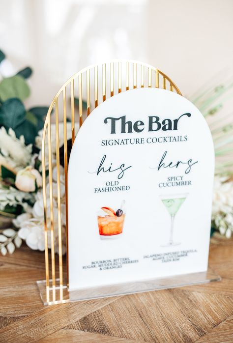 This signature drinks wedding bar sign features a colorful display of the couples' favorite drinks for their guests to indulge in! Presented on a layered acrylic for a gorgeous midcentury modern look!SIZE: 9" inches x 12" inchesPlease include your drink name, graphic choice, acrylic color choices and any other requests in the personalization field when adding to your cart. Signature Shots Wedding, Bar Drink Sign Wedding, Mr And Mrs Drinks Wedding, Wedding Bar Decorations Reception Ideas, Drinks Table Sign, Cocktail Hour Reception, Chili Bar Wedding, Modern Wedding Signage Ideas, Wedding Signage Bar