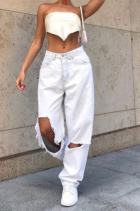 2023 Buy Mid Rise Extra Ripped Jeans under US$33.99 in Jeans Online Store. Free Shipping with US$69+. Check reviews and buy it today. Style: Casual, Street Color: White Main Material: Cotton Fit Type: Straight Leg #vintageoutfits #summeroutfits #casualoutfits #90sfashion #style #fashioninspo #ootd #outfits #grungeaesthetic #streetstyle #cuteoutfits #trendyoutfits Ripped Denim Pants, White Ripped Jeans, Womens Ripped Jeans, Summer Jeans, Urban Street Style, Y2k Outfits, Pants White, Edgy Look, Ripped Denim