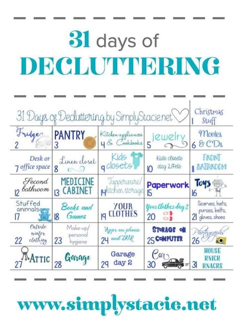 31 Days of Decluttering - Make 2016 the year you get your home organized! With this 31 days of decluttering challenge, you'll be well on your way. Decluttering Challenge, Declutter Your Life, Organize Declutter, Declutter Your Home, Simple Life Hacks, Cleaning Checklist, 31 Days, Cleaning Schedule, Get Organized