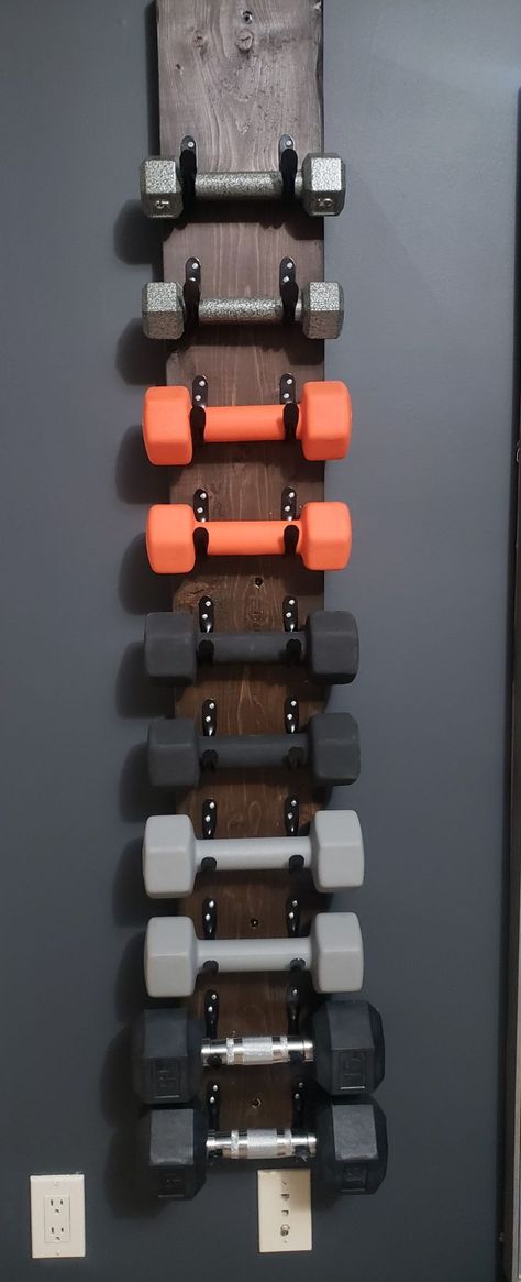 Wall Dumbbell Rack, Diy Wooden Weight Rack, Weight Room Ideas Home Gyms Small Spaces, Dumbbell Wall Rack, Gym Equipment Wall Storage, Diy Gym Storage Ideas, Small Home Pilates Studio, Weight Rack Diy Home Gyms, Wall Gym Equipment