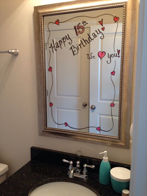 Birthday morning surprise! Bathroom Birthday Surprise, Birthday Mirror Ideas, Morning Birthday Ideas, Dorm Room Birthday Surprise, Sweet 16 Morning Surprise, Sweet 16 Surprise Ideas, 14th Birthday Decoration Ideas, 18th Birthday Morning Surprise, Morning Birthday Surprise For Him