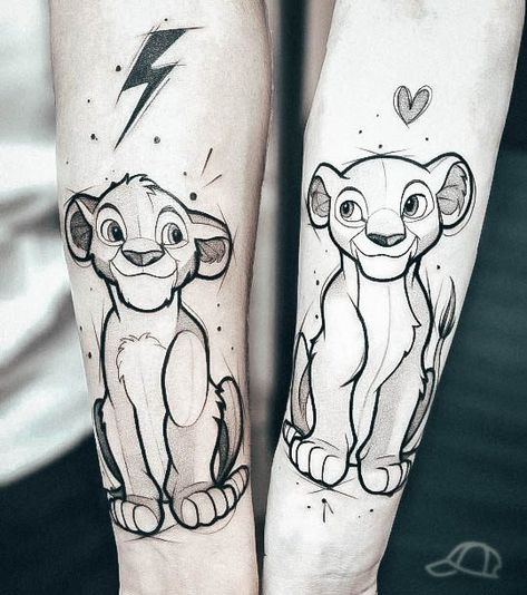 Simba And Nala Tattoo Couple, Nala Tattoo Lion King, Simba And Nala Tattoo, Disney Tattoo Sleeve, Lion King Tattoo Ideas, King Tattoo Ideas, The Lion King Tattoo, Nala Tattoo, Simba Tattoo