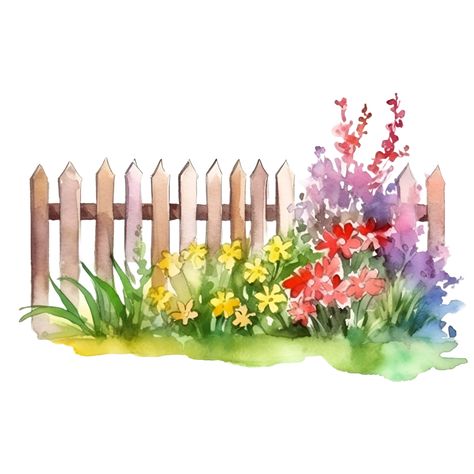 Fence Wildflower Watercolor Clipart AI Generated Garden Fence Drawing, Picket Fence Painting, Wildflower Garden Bed, English Garden Backyard, Backyard Wildflower Garden, Gardening Watercolor, Wedding Wildflower Bouquet, Fence Painting Ideas, Notion Photos