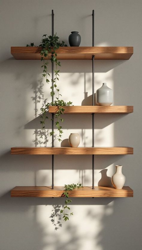 Modern display of handcrafted ceramic vessels on wooden floating shelves with trailing plants, creating a geometric design with dramatic side lighting. Three Shelf Decor, Organic Modern Shelf Decor, Wall Shelving Ideas Living Room, Slat Wall With Shelves, Shelving Decor Ideas, Wall Shelf Ideas, Niche Shelves, Shelf Decor Ideas, Earthy Kitchen