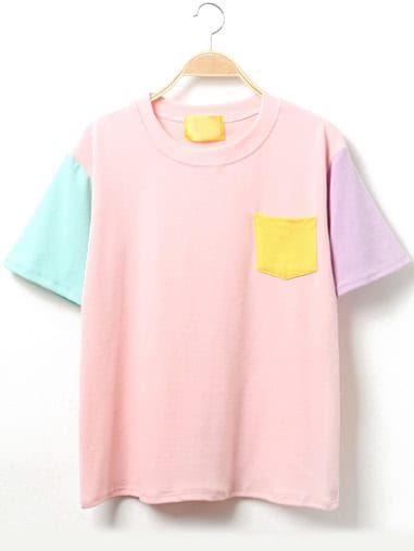 Color Block Short Sleeve T-Shirt With Pocket Color Block Shirts, Pastel Fashion, Kitenge, Sweatshirt Outfit, Cropped Sweatshirt, Kawaii Clothes, Fashion Kids, Kawaii Fashion, Look Cool