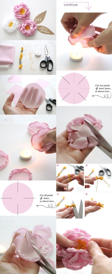 DIY Fabric Peony Flower requiring 100% polyester fabric Sulaman Pita, Diy Fleur, Ribbon Flower Tutorial, Fabric Flower Brooch, Fabric Flower Tutorial, Handmade Flowers Fabric, Organza Flowers, Cloth Flowers, Diy Wedding Flowers