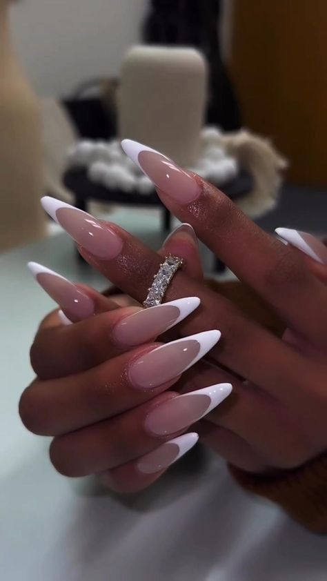 😍😍 Trendy Nails Long Almond, Neon Nail Ideas Bright Colors Dip, Xl Almond Acrylic Nails, White French Tip Nails Stiletto, French Tip Stilleto Nail, Long Almond Acrylic Nails French Tip, French Tip Long Almond Nails, Long Almond Nails French Tip, Almond White French Tip Nails