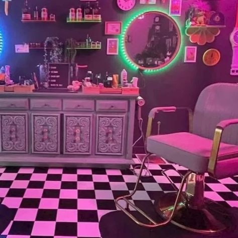 Salon and barber inspo! Start your own mini salon today!! PMS will help you!! ♡Call 0437432013 or watsap 0746037798 #inspo #inspiration #entrepreneur #minisalon #barber #lovehair Salon Suite Decor Pink, Grunge Salon Aesthetic, 80s Salon Aesthetic, Goth Hair Salon Decor, Funky Hair Salon, Goth Hair Salon, 90s Hair Salon Aesthetic, Retro Hair Salon Aesthetic, Aesthetic Salon Interior Design