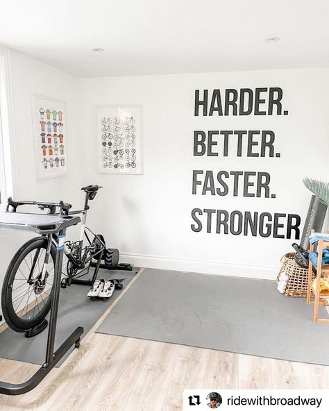 Pain Caves - Home office & Pain Cave combo 🤩 ⠀ ⠀ ⠀ ⠀... Home Cycling Room, Pain Cave Cycling, Cycling Room, Bike Room Design, Zwift Cycling, Bike Storage Home, Homemade Gym, Bike Hanger, Cycling Girl