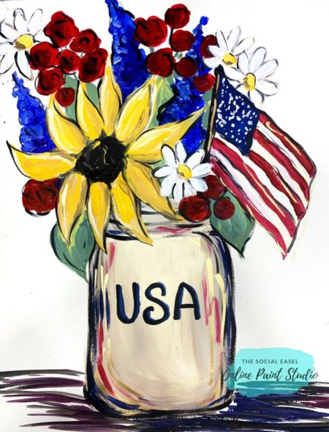 Social Easel, Jar Bouquet, Slate Art, Paint Studio, Patriotic Art, Independance Day, Wine Painting, Draw And Paint, Flag Painting